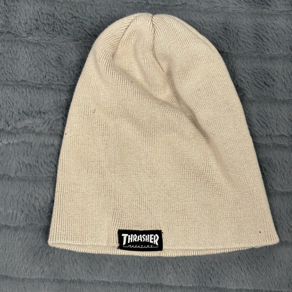 Thrasher Magazine Skate and Destroy Beanie Tan Ribbed Knit Hat Mens OSFA